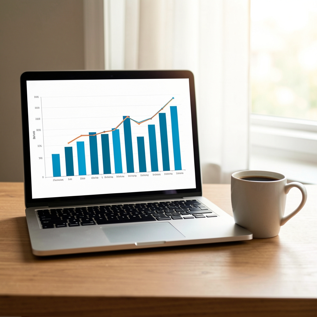 Pantalla de laptop mostrando gráficos de barras y líneas de análisis financiero junto a una taza de café