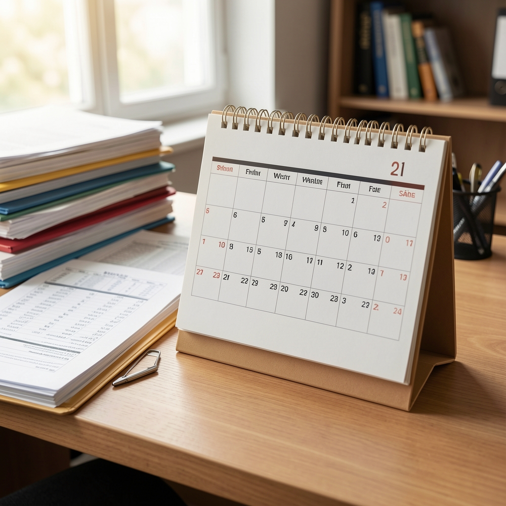 Calendario de escritorio marcado en fin de año junto a carpetas de documentos contables