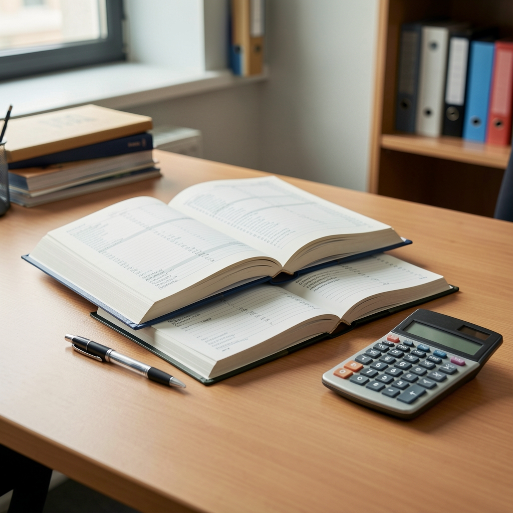Libros contables abiertos junto a calculadora y bolígrafo sobre escritorio de oficina