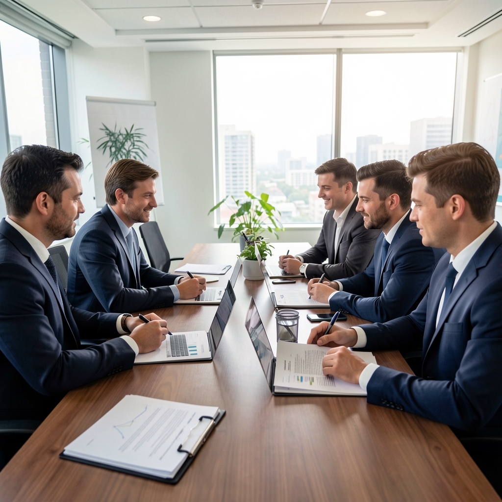 Equipo de profesionales contables reunidos en sala de juntas revisando informes financieros