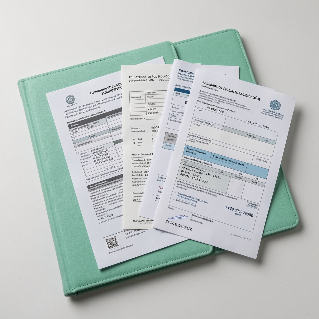 Formularios fiscales argentinos y recibos organizados sobre carpeta de color verde menta