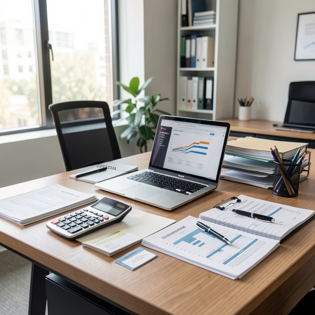 Oficina moderna de contabilidad con escritorio ordenado, laptop, calculadora y documentos financieros organizados en Buenos Aires